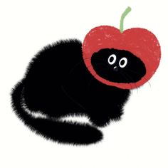 a black cat with a red apple on it's back paws and eyes are drawn in the shape of a heart