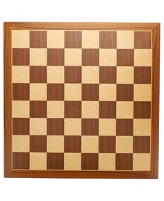 a wooden chess board on a white background