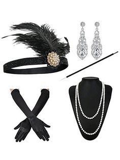 1920s Accessories Jewelry, Estilo Charleston, Gatsby Party Outfit, Great Gatsby Headpiece, Long Black Gloves, Gatsby Accessories, 1920s Accessories