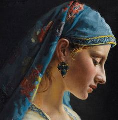 a painting of a woman wearing a blue headdress and gold earrings