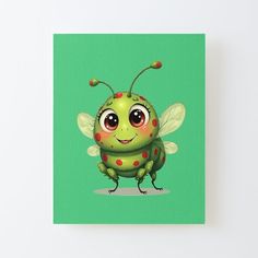 a green and red insect with polka dots on it's wings canvas mounted print