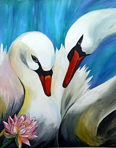 two white swans are touching each other with their beaks and necks as they stand next to a pink flower