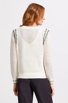 Enjoy a stylish year-round option with this sweater, crafted with an airy open-stitch design for a lightweight feel. Its timeless pop-over crew neck and long sleeves offer classic appeal, while the combed cotton fabric ensures natural breathability. Delightful contrasting lace-up yarn details along the armholes, side seams, and cuffs add a touch of flair to elevate your look. Style: 1846O-576-0026 Sorel Sandals, Denim Jacket With Fur, Open Sweater, Spirit Wear, Denim Leggings, Knitwear Cardigan, Sweaters Knitwear, Summer Cotton, Stitch Design