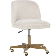 a white office chair with wheels and casteors on an aluminum base, against a white background