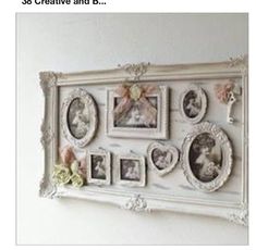 an old white frame with many pictures on it