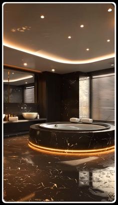 a bathroom with a large bathtub in the middle of it and lots of lights on the ceiling