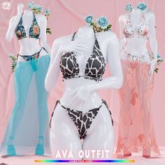 three mannequins are dressed up in swimsuits with flowers on them