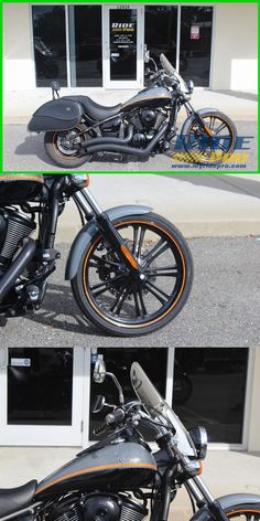 two pictures of a black motorcycle parked in front of a building with the same color trim