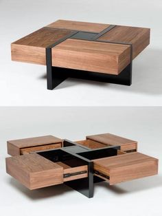 this coffee table is made out of wood and has drawers on each side that are open