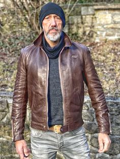 Lewis Leathers The Corsair No. 60 Dark brown veg tanned sheep. Dogstooth tartan lining. @lewisleathers #lewisleathers #aviakit #lewisleatherscorsair #vegtabletannedleather #vegtanned #ridersjacket #SheepLeather #sheepskin #leather #leatherjackets #leathergoods #sheepleatherjacket #handcrafted #leathercraft #madetomeasure #mensleatherjacket #leatherjacket #vintageclothing #vintagewear #vintagefashion Mens Outdoor Fashion, Bald Men With Beards, Old Man Fashion, Bald Men Style, Older Mens Fashion, Distressed Leather Jacket, Biker Outfit