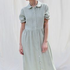 Offon Brand - Nwt Color Is: Cloudy Sky (Dusty Blue) ** Please Reference Photos Of The Actual Dress On Hanger) Handmade 100% Linen Dress. Peter Pan Collar Pockets Mid-Calf Length Short Sleeves Measurements: Bust - 22.8" Waist - 20.2" Hips - 32.2" Sleeve Length - 9.7" Dress On Hanger, Dress Peter Pan Collar, Peter Pan Collar Dress, Cloudy Sky, Reference Photos, Pan Collar, Peter Pan Collar, Linen Dress, Dusty Blue