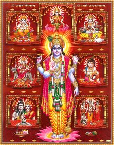 the hindu god with many avatars and symbols in his body, surrounded by other deities