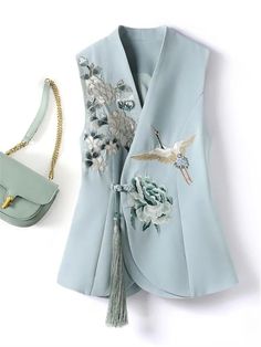 2024 Autumn New Chinese Vest Vintage Women Oriental Traditional Ethnic Gilet Casual Embroidery Phoenix Embroidery, Ladies Waistcoat, Combat Clothes, Elegant Vest, Fall Blazer, Loose Cardigan, Heavy Industry, Blue Vests, New Chinese Style