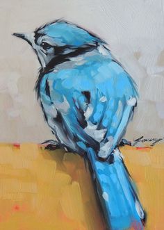 a painting of a blue bird sitting on top of a table