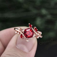 This is a hexagon cut 6x6mm 1ct lab red ruby engagement ring in solid gold,The accent stones are natural ruby and diamonds or moissanites.The band width is about 1.3mm.It can be made in any ring size. However please contact me to custom make it to a special big or small size.It can be made in white gold,rose gold or yellow gold with 14k or 18k. However for some people who are nickel allergic,I can also make it to 925 sterling silver to make you can wear it.The ring is handmade,very high quality! Engagement Rings Red Stone, Red Diamond Engagement Ring, Red Marquise-cut 14k Gold Jewelry, Red Marquise Cut 14k Gold Jewelry, Red 14k Gold Marquise Cut Jewelry, Marquise Cut Ruby Jewelry With Rose Cut Diamonds, Red Marquise Cut Rose Diamond Jewelry, Red Marquise Rose Cut Diamond Jewelry, Emerald Cut Rose Gold Ruby Promise Ring