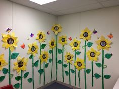 the sunflowers are painted on the wall in an office