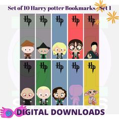 the harry potter bookmarks set is shown in different colors and sizes, including one for each