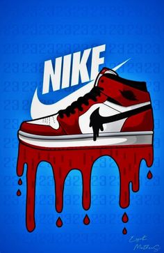 a shoe with the word nike painted on it and dripping blood from its bottom, in front of a blue background