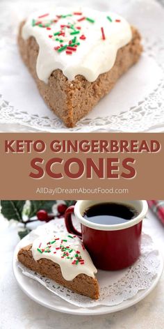 keto gingerbread scones with white frosting and sprinkles on top