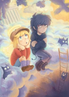 two people sitting on top of a cloud with cats in the sky and one person standing next to them