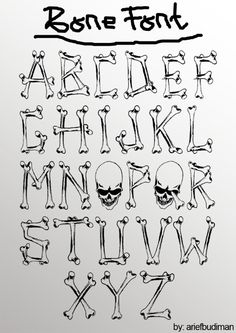 the alphabet with skulls and bones on it is drawn in black ink, which reads bone fish