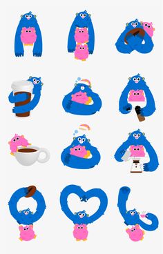 the blue and pink characters are in different poses