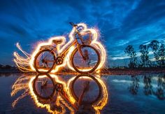 an image of a bike with lights on it's front wheel is shown in the foreground