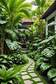 a garden with lots of green plants and trees in it's center, along with a stone path leading to the front door