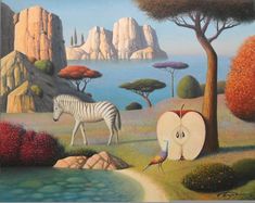 a painting of an apple and zebra in the wild