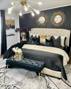 a bedroom with black and gold decor on the walls