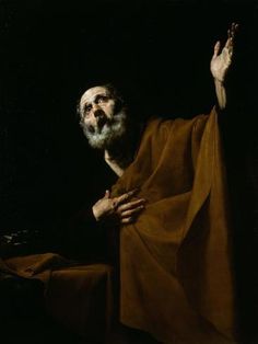 a painting of a man with his hands in the air, wearing a brown cloak