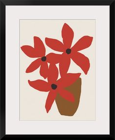 red flowers in a brown vase on a white background