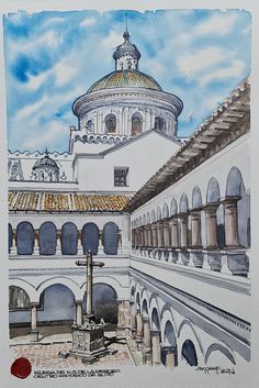 a drawing of a building with arches and a dome