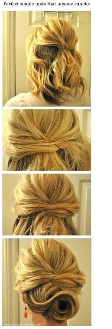 Style-Short hair updo for wedding or going out - so i didn't do EXACTLY this. instead i criss-crossed some pieces in the back and used bobby pins. my swirl at the neck wasn't as 'clean' as that and more to the side but it definitely added character to the 'do Updo Hairstyles Tutorials, Simple Updo, Hair Tutorials Easy, Up Dos, Long Blonde, Long Blonde Hair, Nails And Makeup, Hair Do