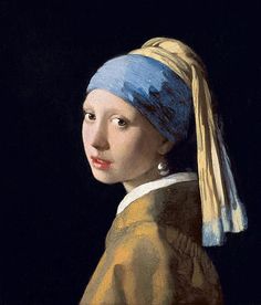 a painting of a girl with a pearl ear wearing a blue and gold headband