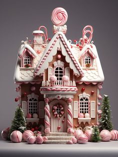 a pink and white gingerbread house with candy canes on the roof is shown