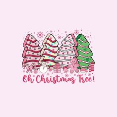 pink christmas trees with snowflakes on them and the words, oh christmas tree