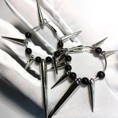 Gothic Silver Spike Punk Earrings With Black Emo Beads Perfect Accent Piece , Well Worth The Price #Gothic #Punk #Emo #Earrings Emo Earrings, Punk Earrings, Punk Accessories, Hoop Earrings Style, Punk Emo, Fashion Creative, Gothic Punk, Accessories Jewelry Earrings, Women Accessories Jewelry