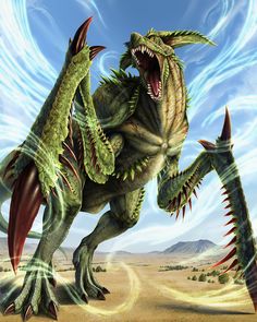 a large green dragon with its mouth open and sharp teeth on it's back