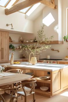 a kitchen with wooden cabinets and an island in front of the counter top, has a potted plant on it