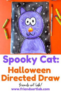 spooky cat halloween directed draw with markers and crayons