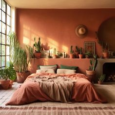 an orange bedroom with potted plants on the wall and a fireplace in the corner