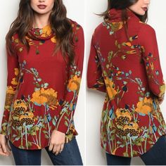 Long Sleeve Cowl Neck Floral Print Tunic Top. Country: Usa Fabric Content: 95% Polyester 5% Spandex Size Scale: S-M-L Measurements Of A Small Description: L: 30" B: 32" W: 34" 361 Red Floral Print Tops For Fall, Fall Floral Print Red Top, Fall Red Floral Print Tops, Red Printed Tops For Fall, Diva Boutique, Floral Print Tunic, Printed Tunic Tops, Print Tunic, Women Trends