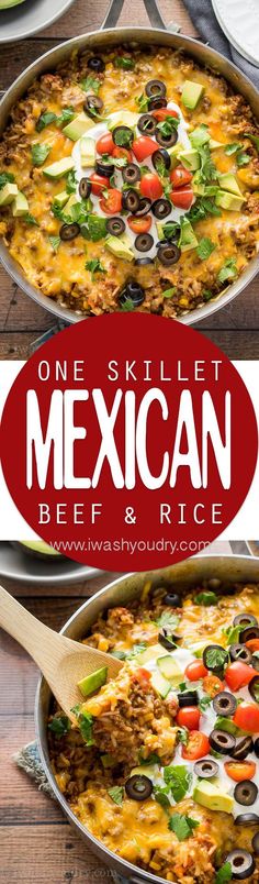 one skillet mexican beef and rice casserole is shown in three different pans