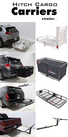 the hitch cargo carrier is shown in four different pictures, including an suv and trailer