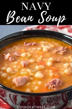 a bowl of soup with ham and beans in it