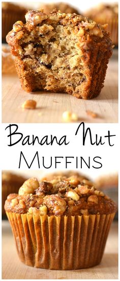 banana nut muffins are cut in half and stacked on top of each other