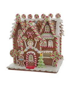 a gingerbread house is decorated with candy canes