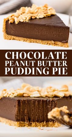 chocolate peanut butter pudding pie on a white plate with text overlay that reads, chocolate peanut butter pudding pie