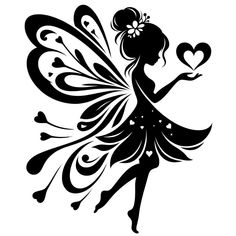 a black and white silhouette of a fairy holding a heart